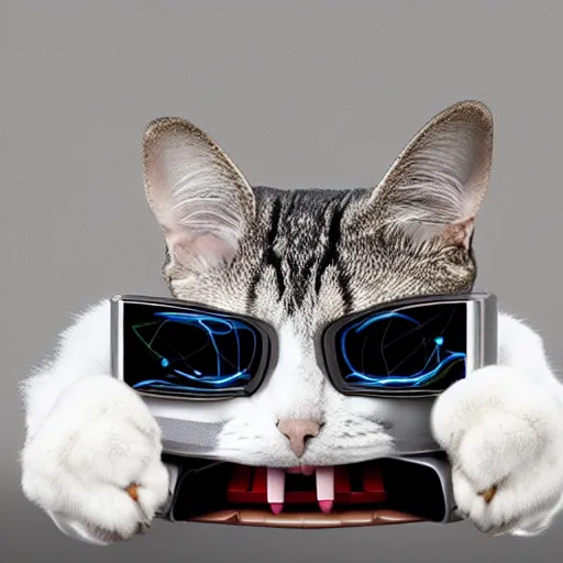 Image similar to robotic cat holding a computer mouse in his mouth