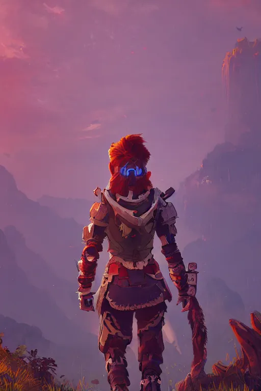 Image similar to combination suit armor aloy horizon forbidden west horizon zero dawn radiating a glowing aura global illumination ray tracing hdr fanart arstation by ian pesty and alena aenami artworks in 4 k tribal robot ninja mask helmet backpack