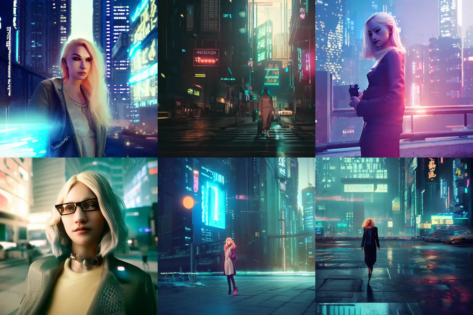 Prompt: a beautiful detective woman with blonde hair, a cyberpunk city, volumetric light, by weta fx, by wlop, neon, futuristic, octane renderer