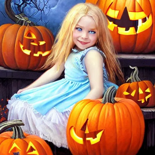 Image similar to a cute happy little girl with long golden blonde hair and blue eyes wearing a sky blue dress sitting amidst halloween decor, pumpkins, skulls. beautiful painting by raymond swanland and magali villanueve, beautiful detailed face.