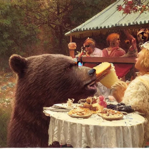 Image similar to polaroid photo of a bear eating cake at his 7 0's birthday at a zoo, highly detailed painting by gaston bussiere, craig mullins, j. c. leyendecker