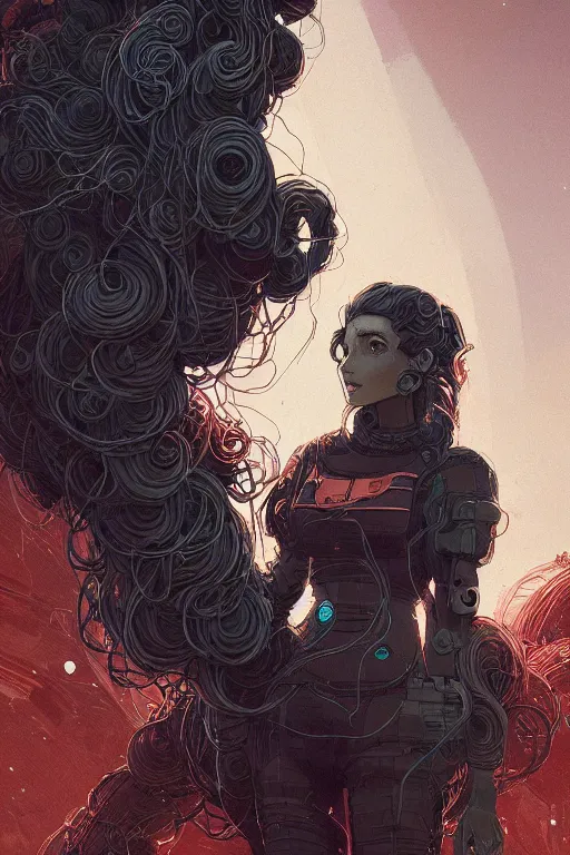 Image similar to highly detailed portrait of sci - fi long curly blue haired lady, stray wiring by atey ghailan, james gilleard, by joe fenton, by greg rutkowski, by greg tocchini, by kaethe butcher, 4 k resolution, gradient red, orange, black and white color scheme!!! ( ( nebula dystopian city spiral background ) )