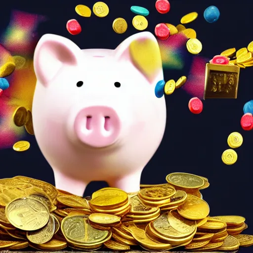 Image similar to piggy bank bursting open with a money explosion, gold bars and coins bursting in every direction, piggy bank sitting on a table, skittles falling off the table, unicorn flying in the background