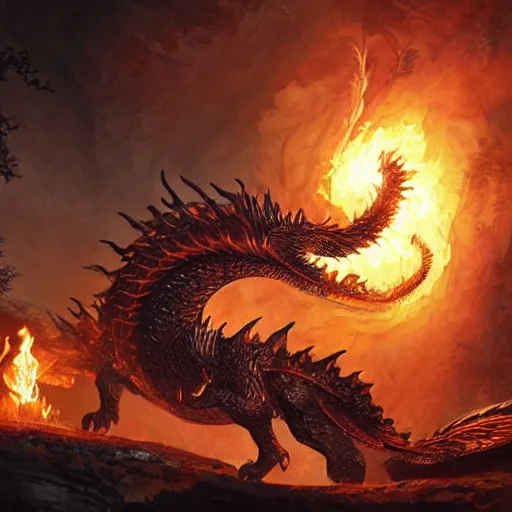 Prompt: A ferocious molten metal dragon guarding the sacred grove, with scales glowing from its internal heat, DnD digital concept art by Greg Rutkowski