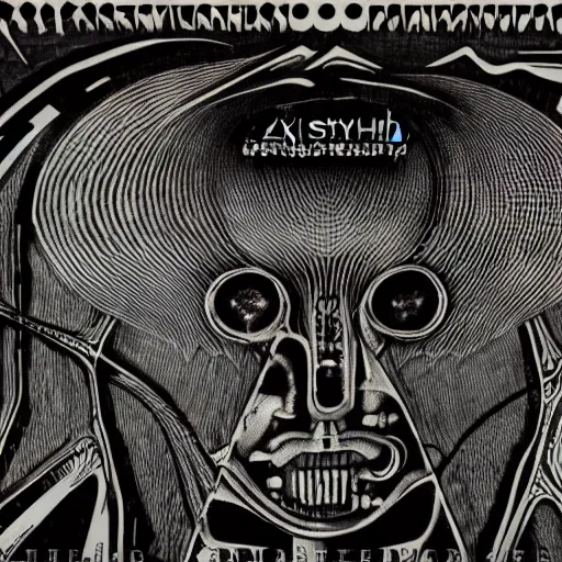 Prompt: album artwork designed by Attik and H.R. Giger for synth-pop band.
