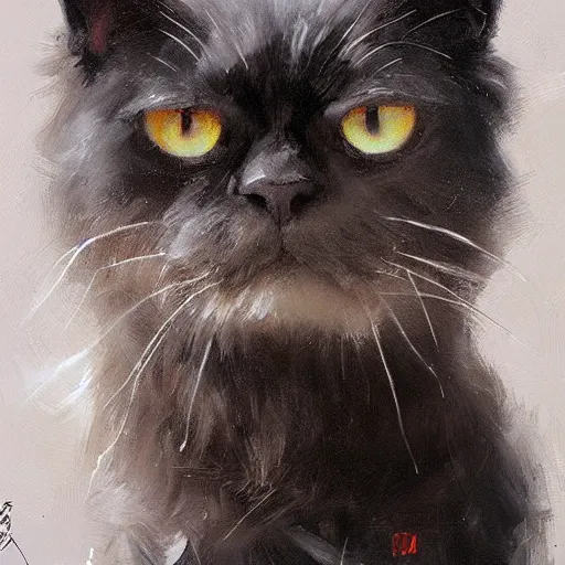 Image similar to closeup portrait of black persian cat staring contemptuously at people, painted by greg rutkowski, painted by igor kieryluk, trending on artstation