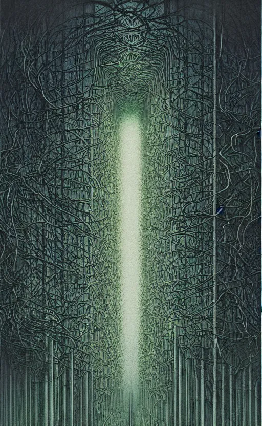 Prompt: a concrete forest, brutalist, inside page of comic book, psychedelic lights and fog, in the style of zdzislaw beksinski, ayami kojima, takato yamamoto, barclay shaw, karol bak, glowing light and shadow, hyperrealist