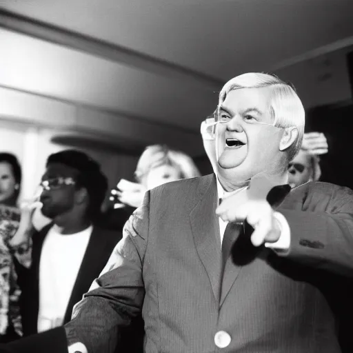 Prompt: Former House Speaker Newt Gingrich dancing his heart out. CineStill