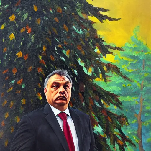 Image similar to viktor orban protecting a tree, oil painting