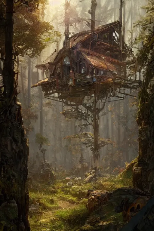 Prompt: a cheerful ramshackle multistory hut in the woods, well armored, intricate, elegant, fantasy, highly detailed, digital painting, concept art, sharp focus, illustration, beautiful volumetric lighting, magic hour lighting, colorful, artstation, art by artgerm and greg rutkowski