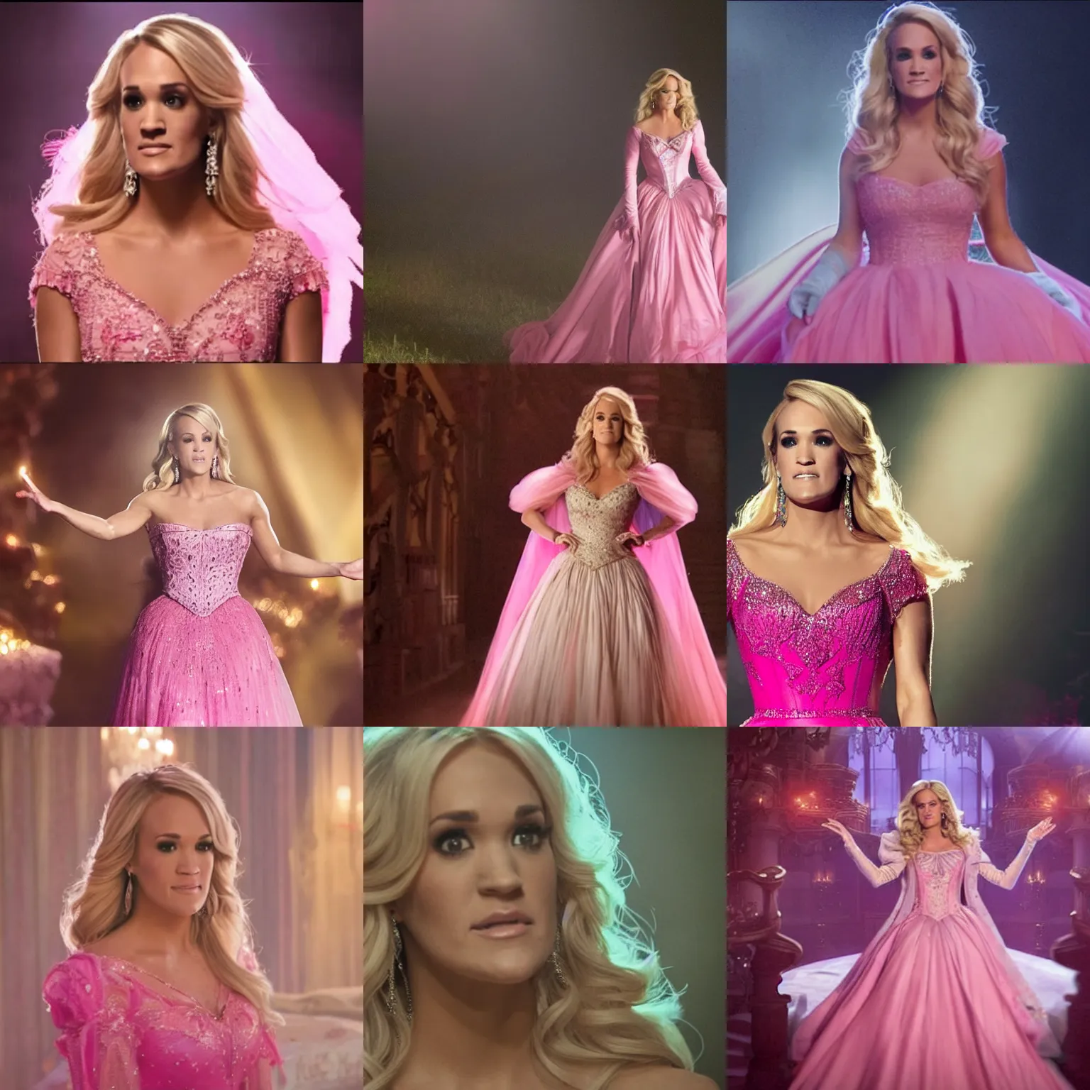 Prompt: a movie still of carrie underwood as sleeping beauty in a pink dress, dynamic lighting, 8 k, full body picture, 2 0 2 2 picture of the year, hyper realistic, beautiful, pretty face