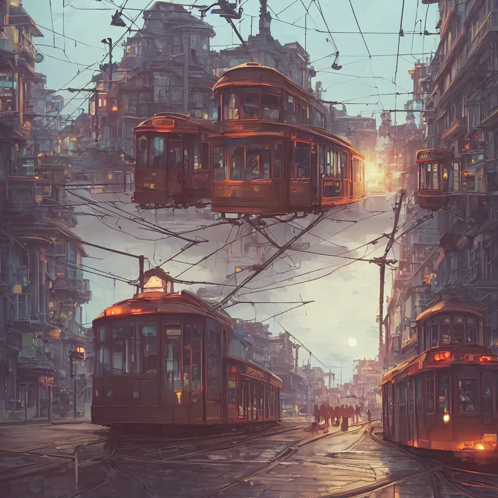 Prompt: a streetcar is running on the maple leaf sea, unreal engine, fantasy art by greg, loish, rhads, ferdinand knab, makoto shinkai and lois van baarle, ilya kuvshinov, rossdraws, tom bagshaw, night lighting, trending onstudio ghibli, highly detailed, octane render, 8 k