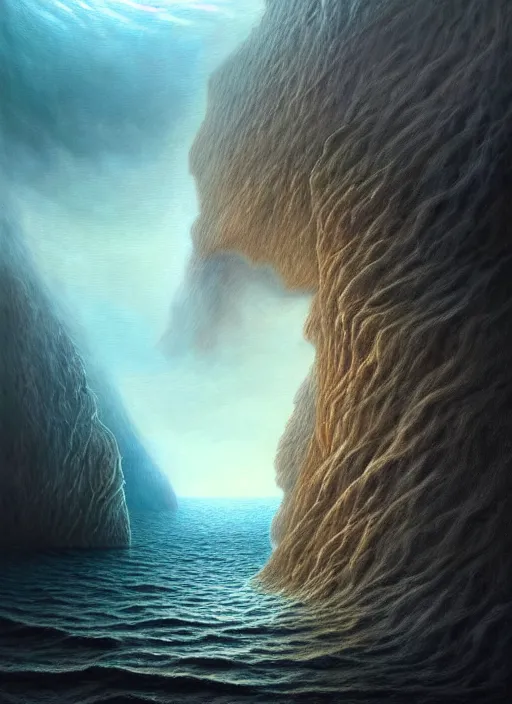 Image similar to A hyper-detailed 3d render like a Oil painting of the Aquatic-Cliffs of the Great-Sand-Sea, surrealism!!!!! surreal concept art, lifelike, dramatic lighting, photorealistic, digital painting, aesthetic, smooth, sharp focus, Artstation HD, by Greg Rutkowski, Chris Tulloch McCabe, Valentina Remenar and Asher Duran,