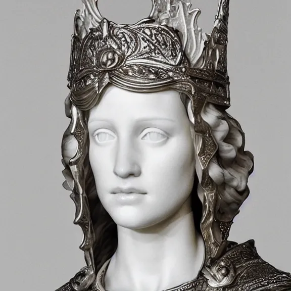 Image similar to a white art nouveau marble and silver sculptural bust of alicia vikander as joan of arc, wearing plate armor, delicate, intricate, smooth, beautiful, by charles van der stappen