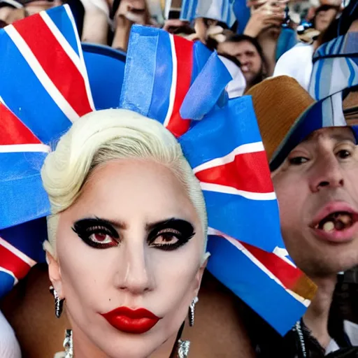 Image similar to Lady Gaga as Evita, Argentina presidential rally, Argentine flags behind, bokeh, epic photo, detailed face, Argentina