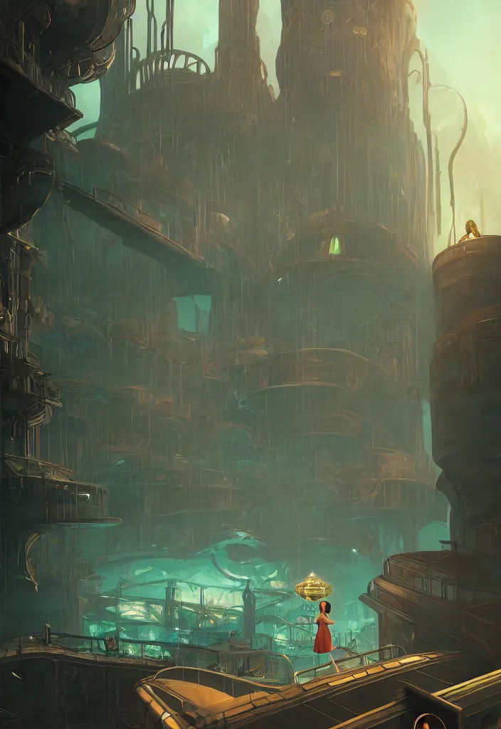 Image similar to a concept art painting of art deco bioshock style underwater city with a woman with back to camera looking out of a window by tuomas korpi, pablo carpio, gilles beloeil, cedric peyravernay, 1 9 6 0's, trending on artstation, highly detailed, atmospheric, directional lighting, cinematic