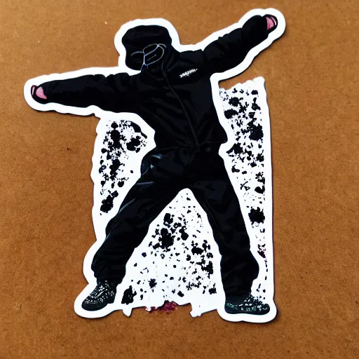 Image similar to die cut sticker, walter white breakdancing in techwear splatter paint