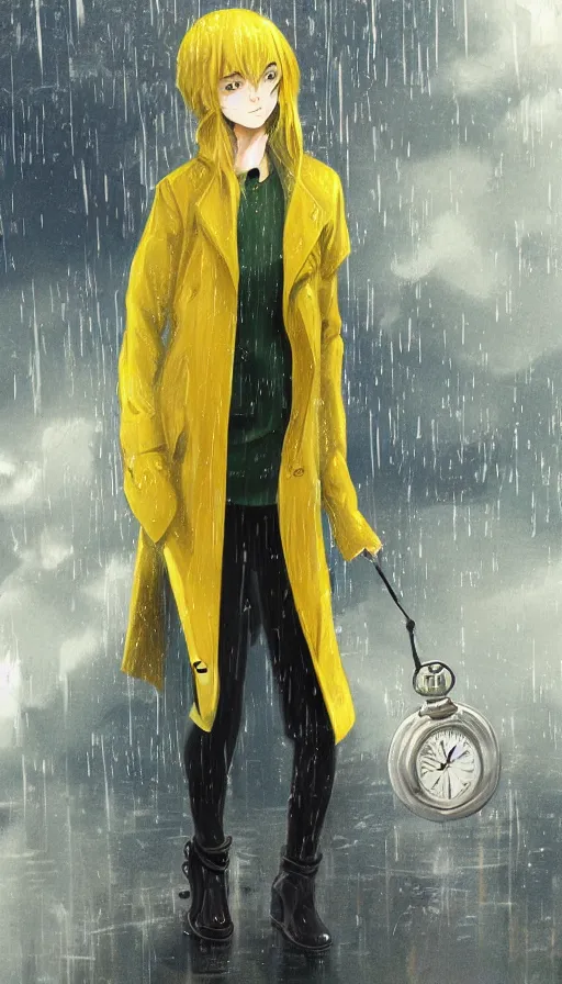 Image similar to girl in a yellow coat standing in the rain holding a small pocket watch, thick outlines, pale colors, digital art, hard edges, detailed, dynamic pose, character design, fisheye perspective, above angle, artwork by makoto shinkai, very coherent asymmetrical artwork, matte painting, sharp edges, perfect face, simple form