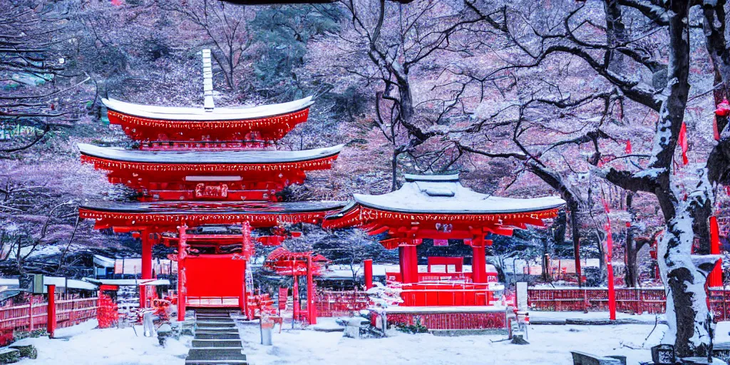 Prompt: a Japanese shrine, snowing, photograph, cyberpunk, sharp focus, intricate detail, drone shot, high resolution, 8k, neon streetlights, wires hanging down everywhere, Japan, colourful,,