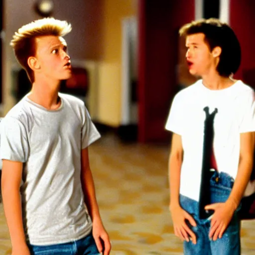 Prompt: movie still teenage actors portraying beavis and butthead