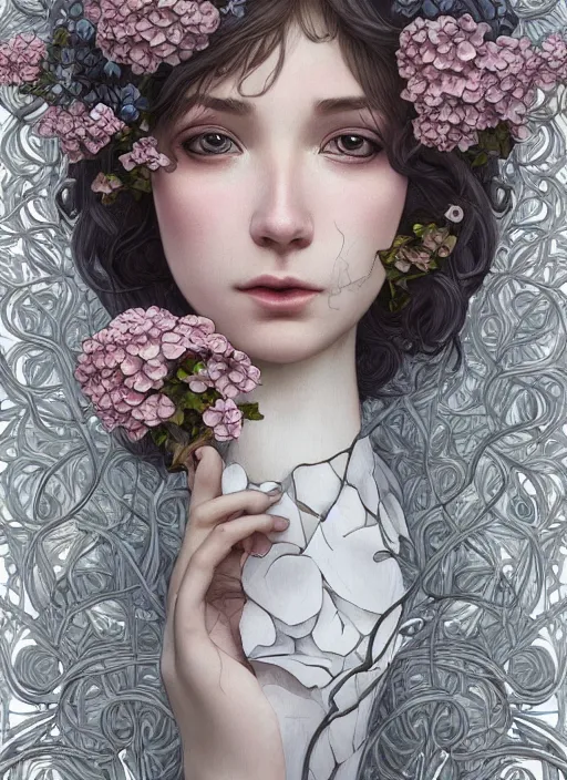 Prompt: a photographic portrait of a anthropomorphic hydrangea blossom, fantasy, wind blowing hair, intricate, elegant, highly detailed, digital painting, artstation, concept art, smooth, sharp focus, illustration, art by artgerm and h r giger and alphonse mucha