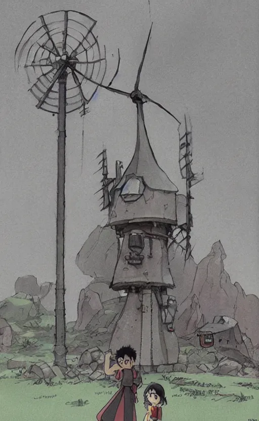 Image similar to a cartoon character is standing in front of a windmillt, concept art by hayao miyazaki, featured on pixiv, fantasy art, official art, 2 d game art, concept art