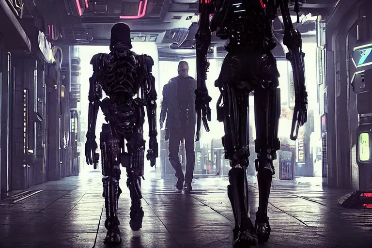 Image similar to cyberpunk skeletal black mecha android walking down hallway, Skeletal face single eye. long limbs black shiny. glowing_red_eye RTX UE5 Artstation Bladerunner_2049_scene!!!!!! Cyberpunk 2077 bladerunner2049!!! bladerunner!!! Dark figure walking down white hallway slightly offset fancy hallway. reflective floor!!!!! Tom Bagshaw and Greg Rutkowski and Alphonse Mucha