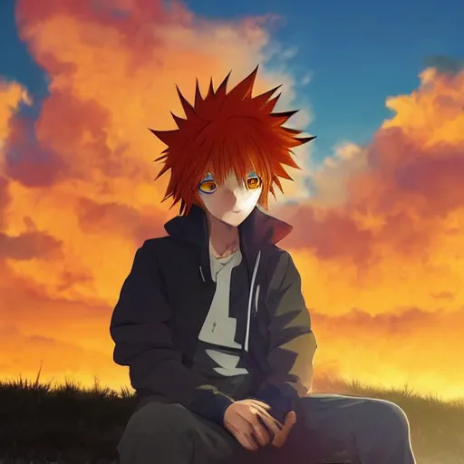 Image similar to orange - haired anime boy, 1 7 - year - old anime boy with wild spiky hair, wearing blue jacket, golden hour, partly cloudy sky, red clouds, orange sky, old town, strong lighting, strong shadows, vivid hues, ultra - realistic, sharp details, subsurface scattering, intricate details, hd anime, 2 0 1 9 anime