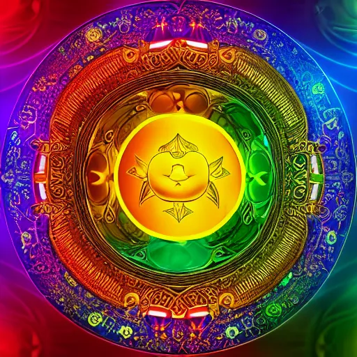 Prompt: rainbowcore, golden yinyang sign glowing, surrounded by lotus, with the sun shining with the moon, with detailed mandala filled with fractals, bioluminescence, glowing runes, de-noise, symmetrical composition, high detailed, super clear, ornate border, 32k immaculate scale, hyper-realistic, Unreal Engine, Octane Render, digital art, trending on Artstation, atmospheric, immaculate