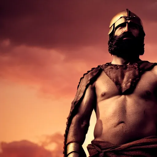 Image similar to epic cinematic film still of joe biden as leonidas in 3 0 0 movie, golden hour lighting, moody sky, 8 k