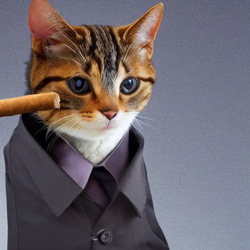 Image similar to a high detail closeup shot of a cat wearing a suit and smoking a cigar