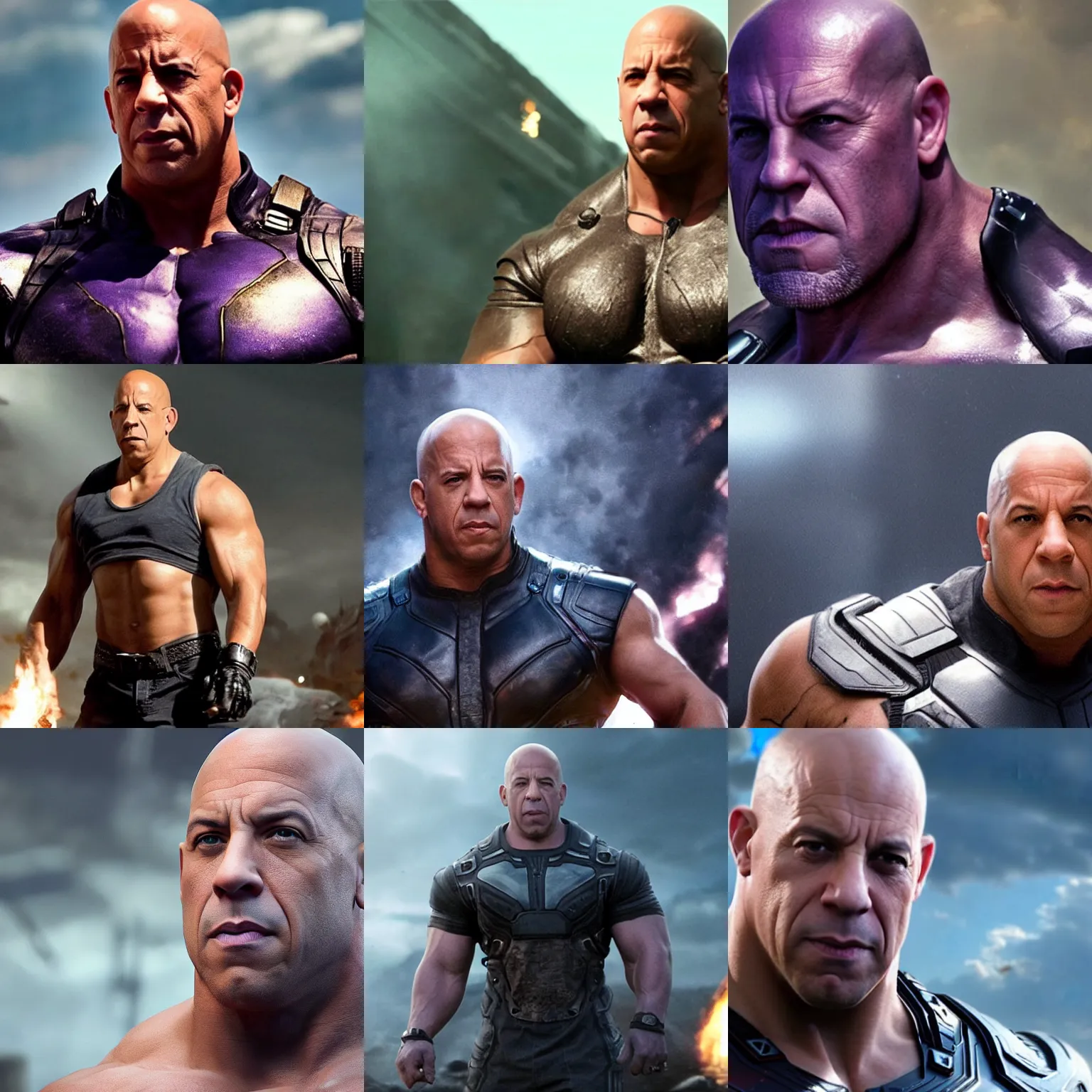 Prompt: Vin Diesel looking like Thanos, photorealistic, cinematic shot