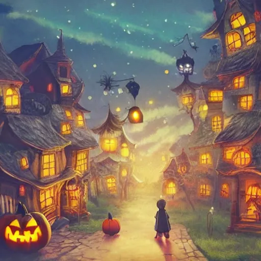 Image similar to a whimsical, fun, magical halloween festival in a cozy village : : in the style of studio ghibli : : cinematic lighting, trending on art station