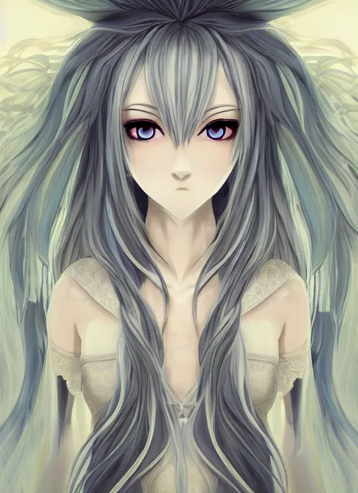 Prompt: visual novel character, symmetrical full body shot, stunningly beautiful asi goddess with beautiful hyperdetailed symmetrical face, porcelain skin covered in long white dress, long white hair, symmetrical, overwhelming, innocent, ethereal, mesmerizing cyan eyes, 2 d anime style, 8 k