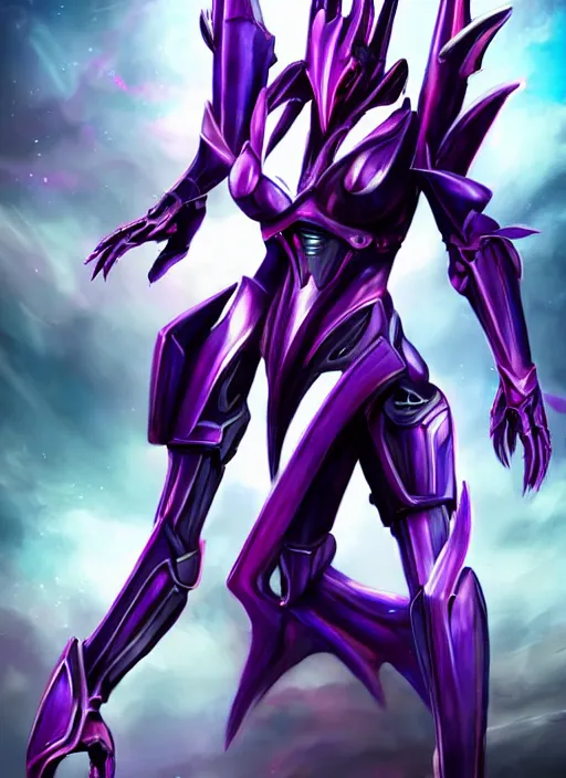 Image similar to cinematic full body, cosmic sized beautiful stunning giant robot mechan hot female dragon goddess, sharp sleek cyborg dragon head, sharp metal ears, smooth purple eyes, smooth fuschia skin, smooth silver armor, nebula, epic proportions, epic scale, macro furry, furry art, dragon art, goddess art, giantess art, warframe, warframe fanart, furaffinity, octane