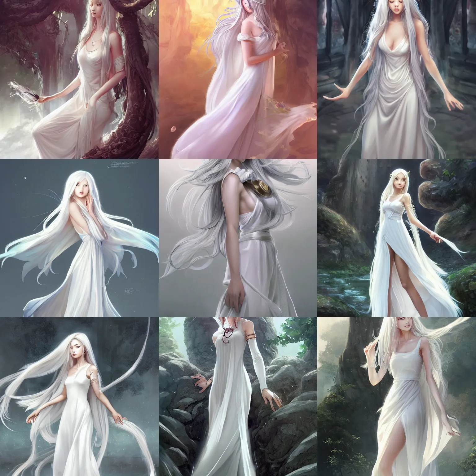 Prompt: mysterious goddess, wearing long white dress, long white hair | | cute - fine - face, pretty face, realistic shaded perfect face, fine details by stanley artgerm lau, wlop, rossdraws, james jean, andrei riabovitchev, marc simonetti, and sakimichan, tranding on artstation