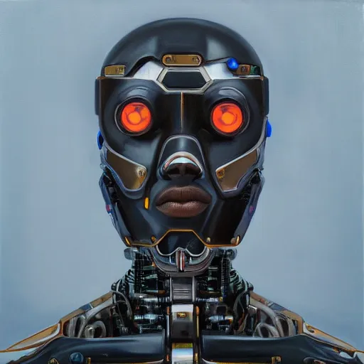 Image similar to a realistic oil painting of a black man as a cybernetic cyborg, surrealism portrait, surrealism album cover