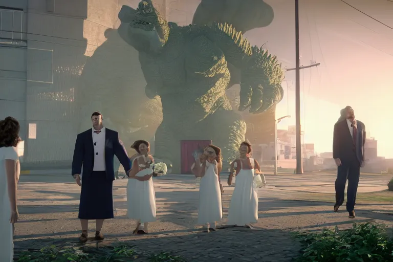 Prompt: a still from My Big Fat Greek wedding, wedding, wedding, with Fox McCloud and Fox McCloud and godzilla, octane render, nvidia raytracing demo, masterpiece