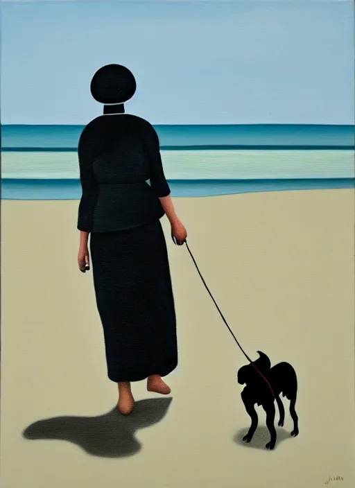 Image similar to a painting of a woman walking her dog at the beach, in the style of gertrude abercrombie, digital art