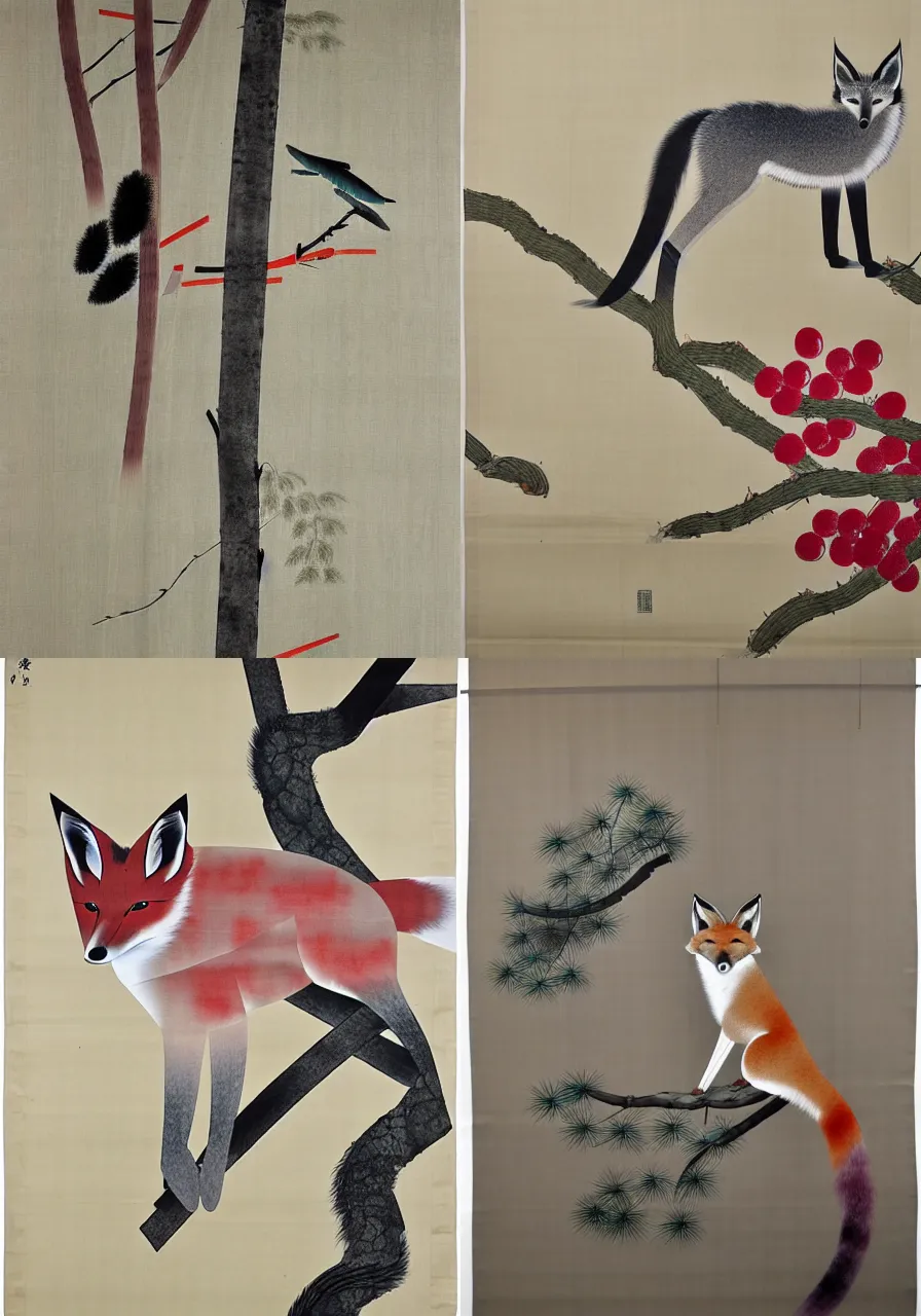 Prompt: pine, plum and grey fox, by Shen Quan, hanging scroll on wall, ink and colour on silk, muted colours