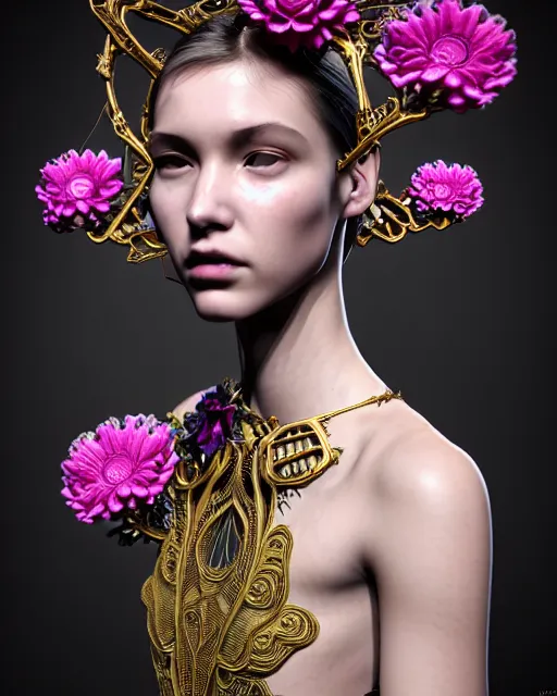 Image similar to uhd 3 d render, stunningly beautiful young teen angelic alluring biomechanical female cyborg with an obsidian profile face, rim light, big floral petals and stems, roots, fine foliage, lace, alexander mcqueen, art nouveau fashion embroidered collar, dieselpunk, gold filigree details, hexagonal mesh wire, ifs reflection, elegant, artstation trending