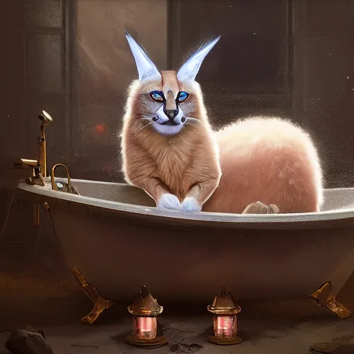 Prompt: fluffy cute caracal in a bathtub, fullbody, ultra high detailed, glowing lights, oil painting, Greg Rutkowski, Charlie Bowater, Beeple, unreal 5, DAZ, hyperrealistic, octane render, RPG portrait, dynamic lighting, fantasy art, beautiful face