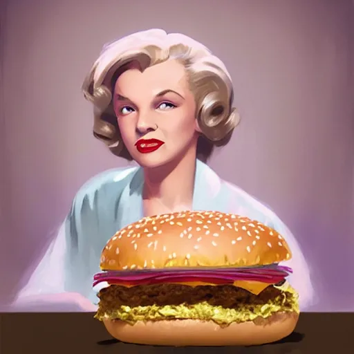 Prompt: artwork costume design: Marily Monroe as a 1950s bible salesman eating a massive hamburger, voluptuous sesame seed bun, extra ketchup and pickles and onions . By Greg Rutkowski, Ilya Kuvshinov, WLOP, Stanley Artgerm Lau, Ruan Jia and Fenghua Zhong, trending on ArtStation, made in Maya and Photoshop, octane render, excellent composition, cinematic atmosphere, dynamic dramatic cinematic lighting, aesthetic, very inspirational, arthouse