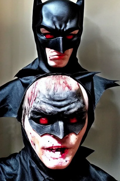 Prompt: batman cosplay, creepy, disturbing, bloody, darkness, grainy