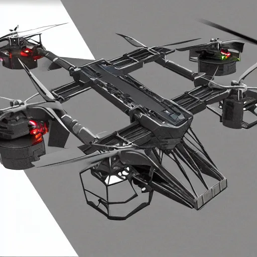 Image similar to brutalist military quadcopter with mounted turret, design concept