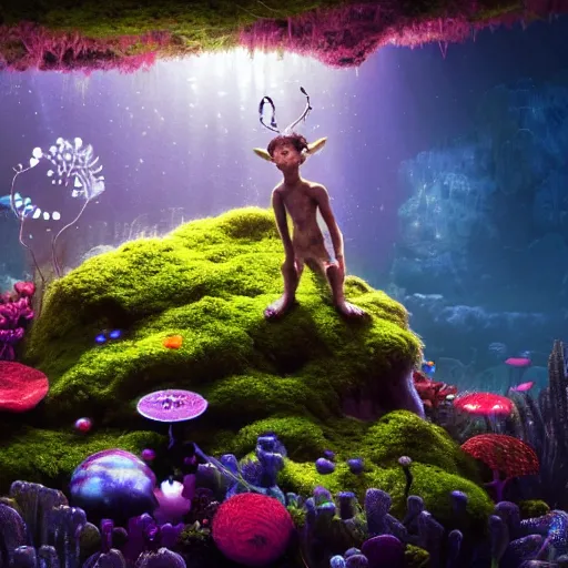 Image similar to child satyr, moss, floating, rbc, radiolaria, protophyta, micro - organisms, center frame, symmetric, rim light, marine microbiology, underwater, bioluminescence, electric, soft, concept art, intricate details, highly detailed, colorful, photorealistic, disney pixar, octane render, iridescent, anime, 8 k