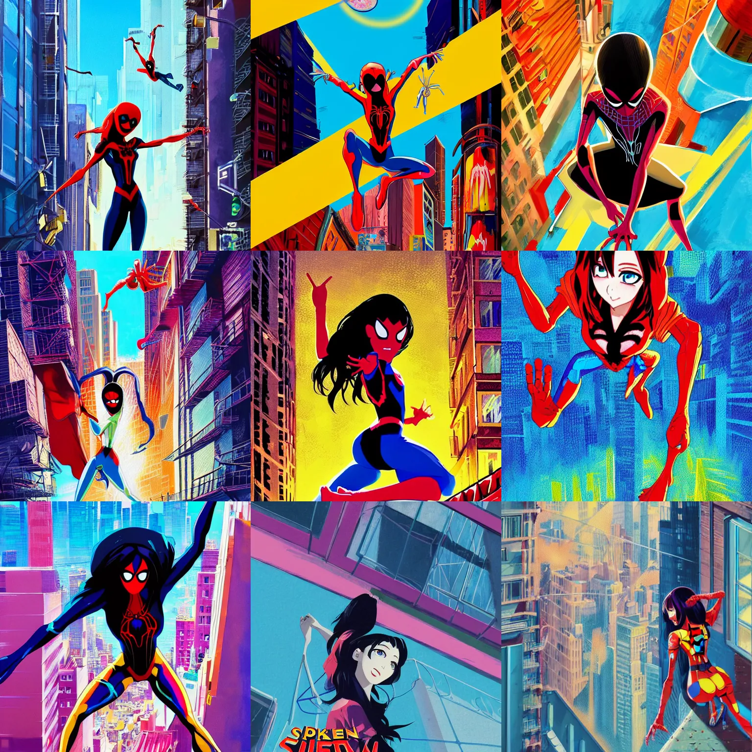 Prompt: anime key visual concept art of, spider woman standing on a balcony, in new york city, spider - man into the spider - verse ( 2 0 1 8 ), golden rays, by alberto mielgo, 6 0's french movie poster, french impressionism, vivid colors, palette knife and brush strokes, fish eye lens, anaglyph, dynamic composition