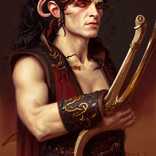 Image similar to Facial portrait of a tiefling bard, looking at the camera, slight awkward smile, lips slightly parted, no hands visible, blushing, intricate, extremely detailed painting by Greg Rutkowski and by Henry Justice Ford and by Steve Henderson