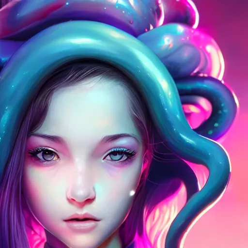 Prompt: A stunning portrait of teen girl with tentacles on her head, art by Artgerm and Ross Tran, vivid color palette, digital painting, 3D, octane render, highly detailed, particles, light effect, volumetric lighting, digital painting, artstation, concept art, smooth, sharp focus