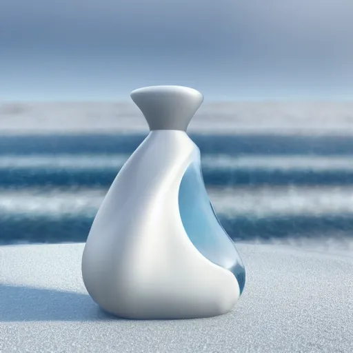 Prompt: perfume bottle buried white daisies on a zen clean modern minimalist beach with an ocean view, frozen and covered in ice, by peter tarka in an ivory room well contoured smooth fair walls, zaha hadid octane highly render, 4 k, ultra hd,